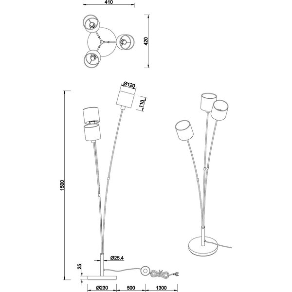 HLW LED LED Vloerlamp Trion Torry – 3-lichts, Mat Zwart & Gouden Design, Max. 40W LED