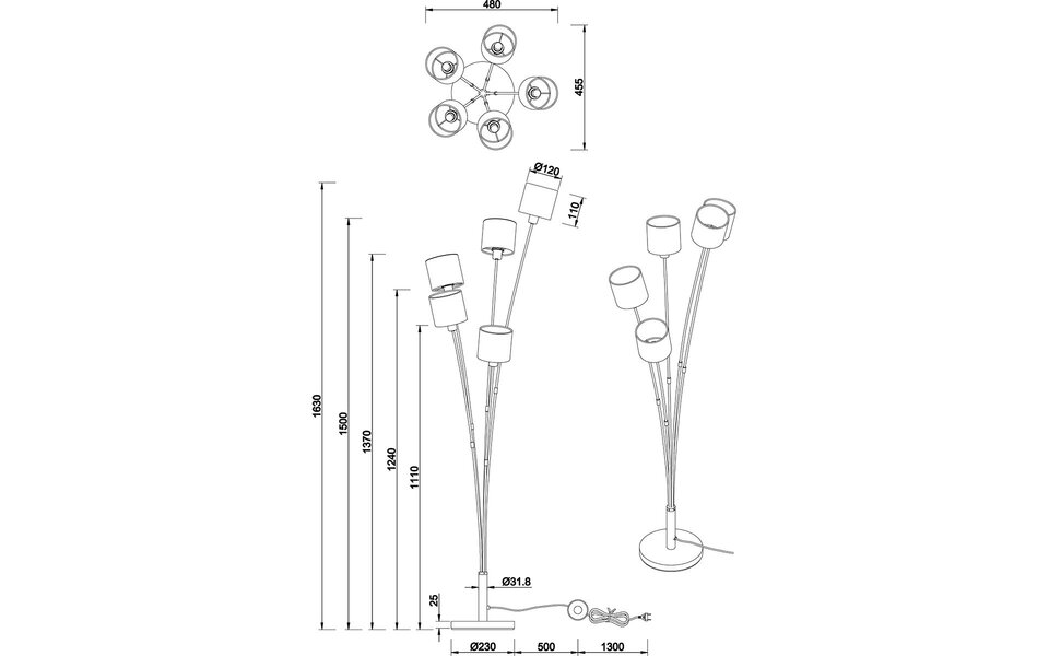 HLW LED LED Vloerlamp Trion Torry - 5-lichts Zwarte & Gouden Vloerlamp, Max 40W LED