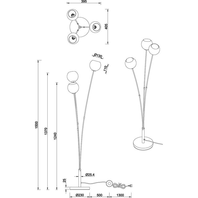 Zwarte LED vloerlamp met drie multicolor glazen lampenkappen en E14 fitting tot 10W vermogen