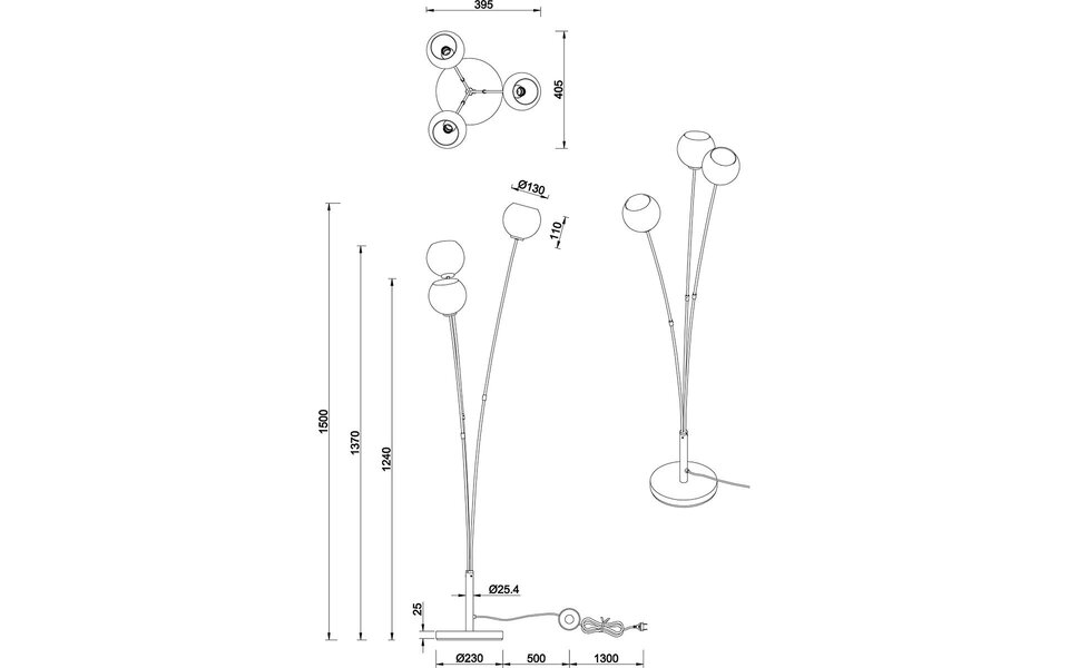 HLW LED Black LED Floor Lamp Trion Seldy with 3 light points and multicolor glass window