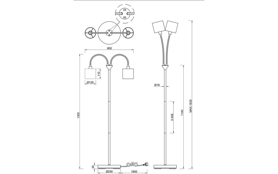HLW LED LED Vloerlamp Trion Moty - 2-lichts Metalen Vloerlamp in Mat Zwart
