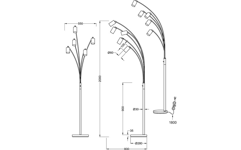 HLW LED LED Floor Lamp Trion Harley - 5-light Matte Black Metal Floor Lamp with GU10 Fitting and IP20