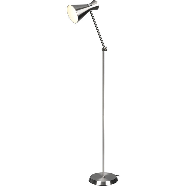 slanke LED vloerlamp in mat nikkel met aluminium voet en E27 fitting tot 10W