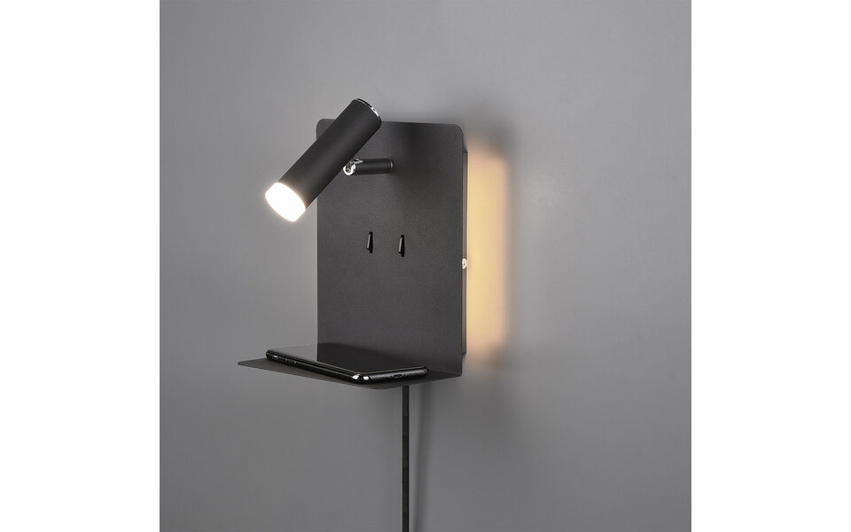 HLW LED LED Wall Lamp 6W Warm White 2700K–3000K Matte Black with USB Charging Function