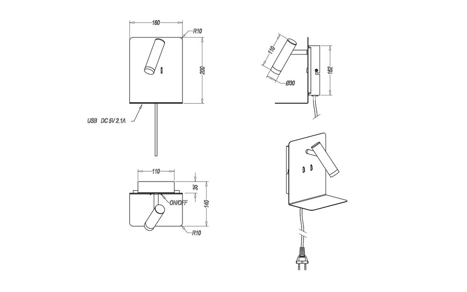 HLW LED LED Wall Lamp 6W Warm White 2700K–3000K Matte Black with USB Charging Function