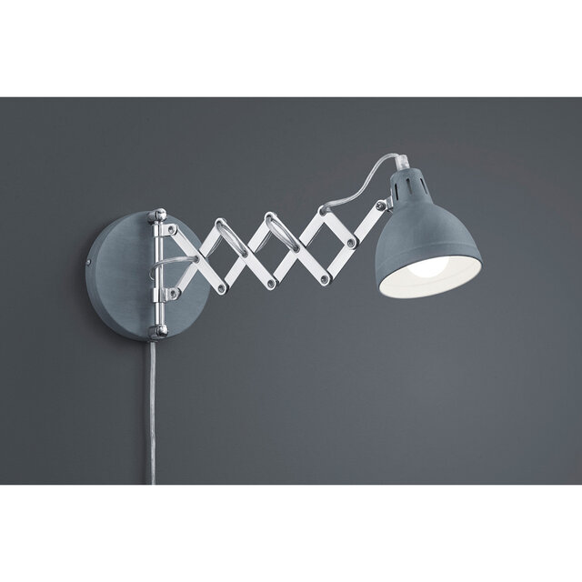 grijze LED wandlamp van beton en aluminium met verstelbare arm en E14 fitting tot 28W