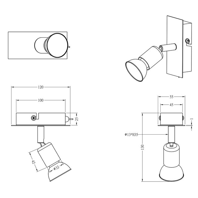 HLW LED LED Wandspot 3W GU10 Fitting - Warm Wit 3000K, Mat Nikkel, Beam Angle Verstelbaar