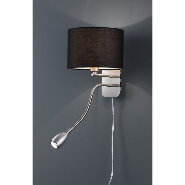Mat zwarte LED wandlamp met flexibele arm, 3W vermogen, 3000K warm licht en E14 fitting