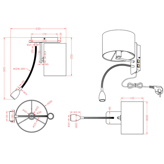 HLW LED LED Wall Lamp Trion Hotia - Matte Black, Warm White 3000K, 3W LED, Flexible Arm