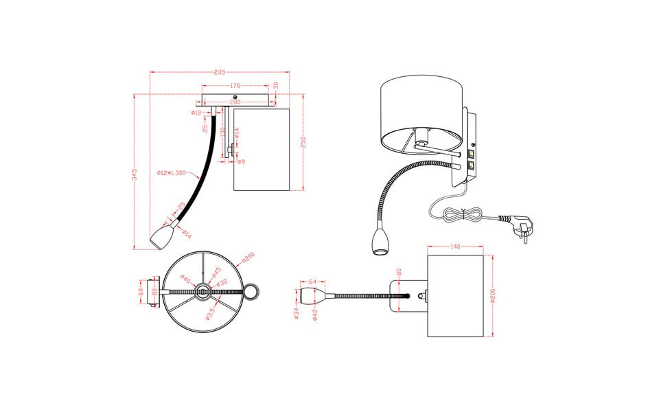 HLW LED LED Wandlamp Trion Hotia - Mat Zwart, Warm Wit 3000K, 3W LED, Flexibele Arm