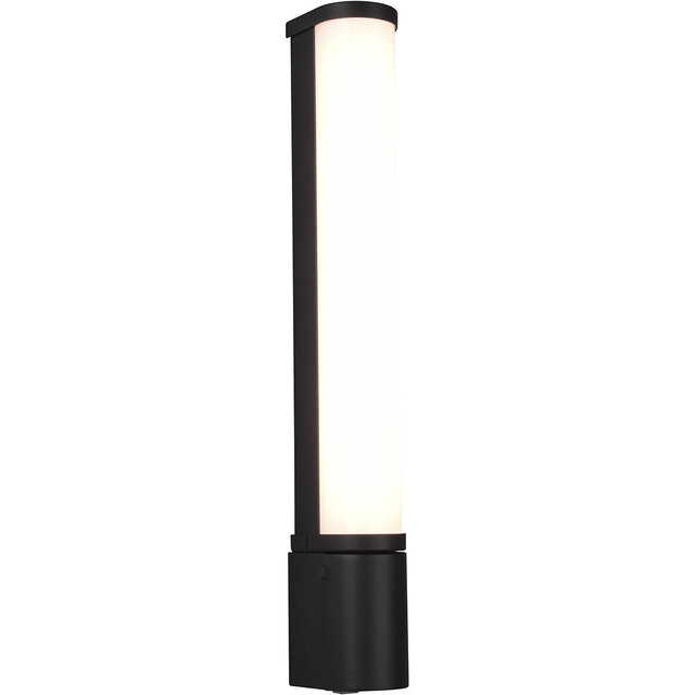 Ronde mat zwarte LED wandlamp met 8W vermogen en warm wit licht van 3000K, voorzien van schakelaar en IP44 bescherming