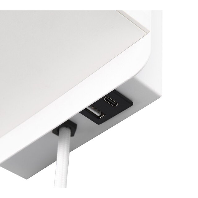 Moderne mat witte LED wandlamp met E14 fitting, 10W vermogen, geïntegreerd Qi-laadstation en USB-C aansluiting