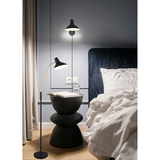 Moderne zwarte en gouden LED wandlamp met flexarm, E27 fitting en maximaal 10W vermogen