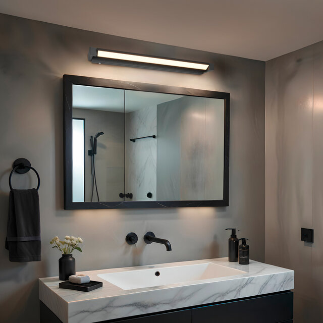 Mat zwarte LED wandlamp met 15,5W vermogen en warm wit licht van 2700K, geschikt voor vochtige ruimtes IP44 Mat zwarte LED wandlamp met 15,5W vermogen en warm wit licht van 2700K, geschikt voor vochtige ruimtes IP44