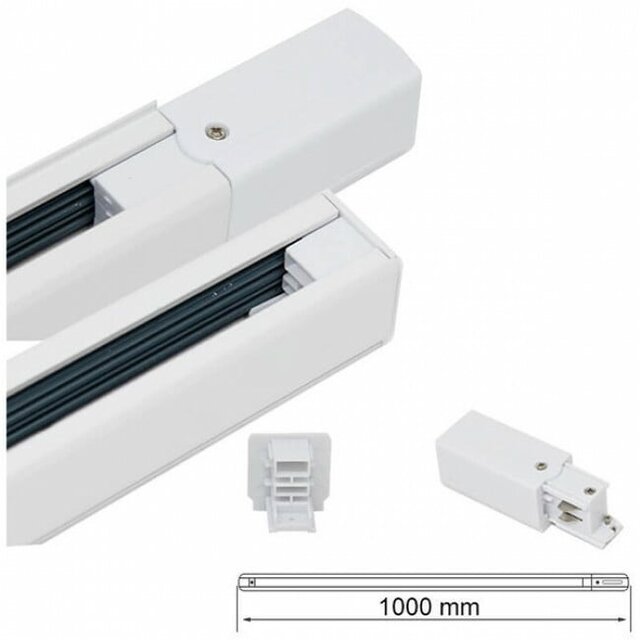 Witte aluminium 3-fase spanningsrail van 1 meter met voedingsconnector en eindstukken IP20 bescherming