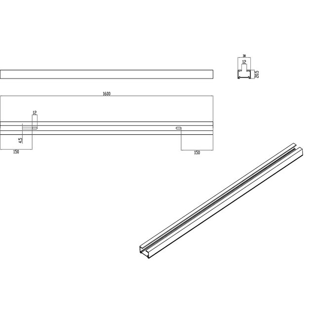 Titaan kleurige metalen spanningsrail 160cm voor 2 fase LED verlichting met wand- en plafondmontage