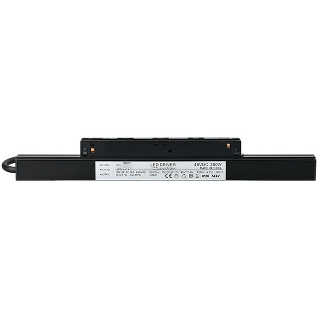 Zwarte 200W LED driver voor 48V magnetische track rails met compacte rechthoekige behuizing