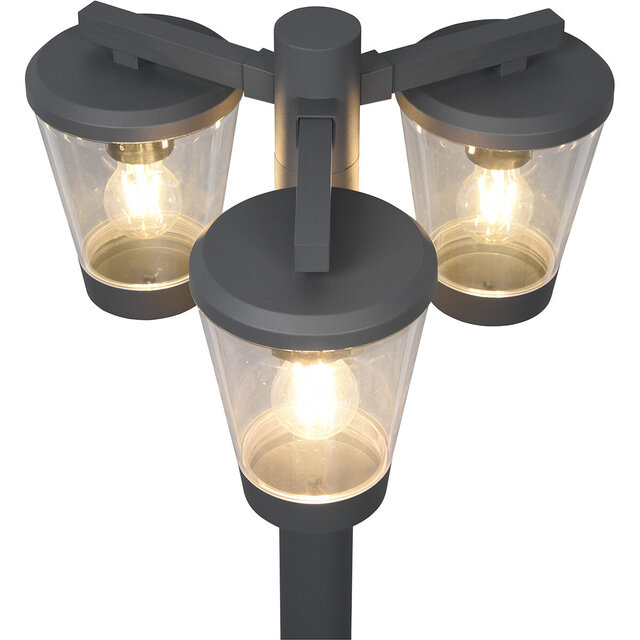 Staande ronde buitenlamp met drie E27 fittingen in mat antraciet aluminium, spatwaterdicht IP44 Staande ronde buitenlamp met drie E27 fittingen in mat antraciet aluminium, spatwaterdicht IP44