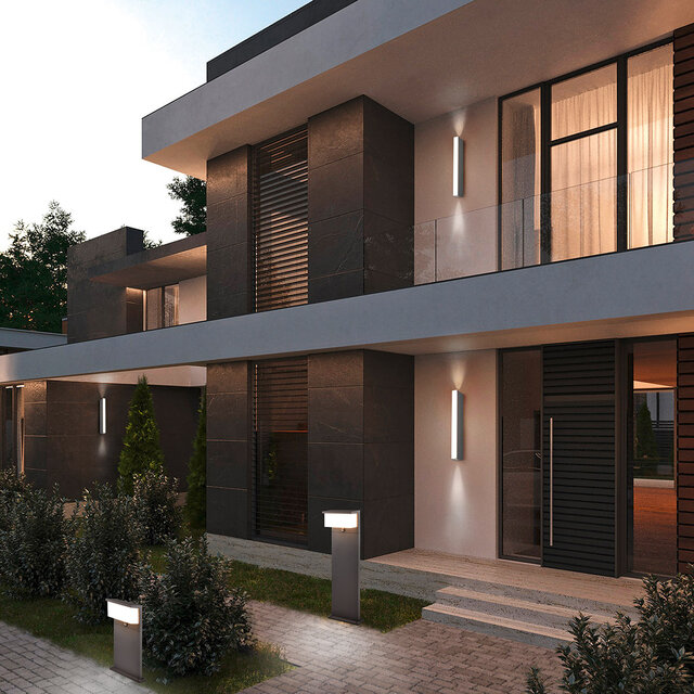 Staande rechthoekige buitenlamp van mat antraciet aluminium met warm wit LED-licht en bewegingssensor, 80 cm hoog