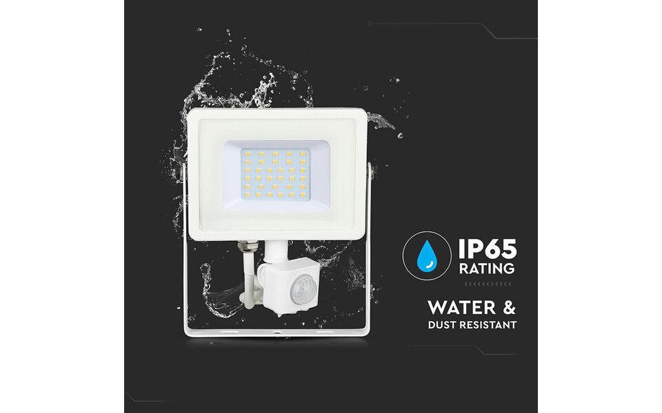 HLW LED LED Construction Lamp 30W with PIR Sensor - Waterproof Matte White - Cool White 6400K