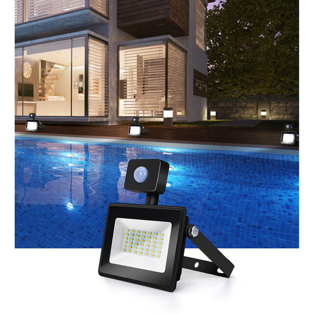 HLW LED LED Bouwlamp 10W Met Sensor - Waterdicht IP65 Mat Zwart, Neutraal Wit