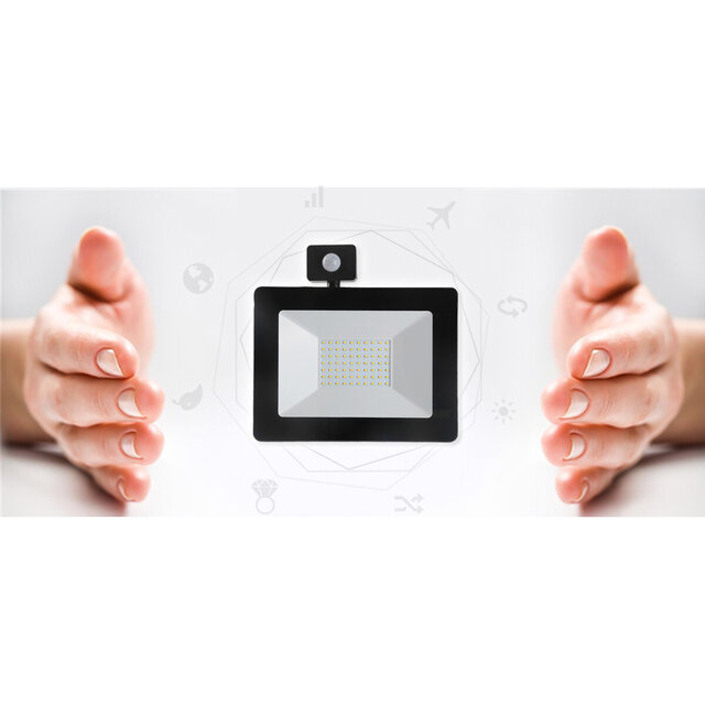 HLW LED LED Construction Lamp & LED Wall Lamp with Sensor - 100W, IP65 Waterproof, Neutral White, Matte Black