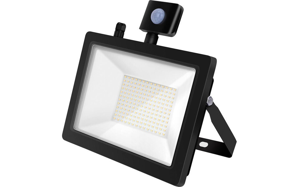 HLW LED LED Bouwlamp 100W met Sensor - Mat Zwarte LED Bouwlamp, Waterdicht IP65, Neutraal Wit