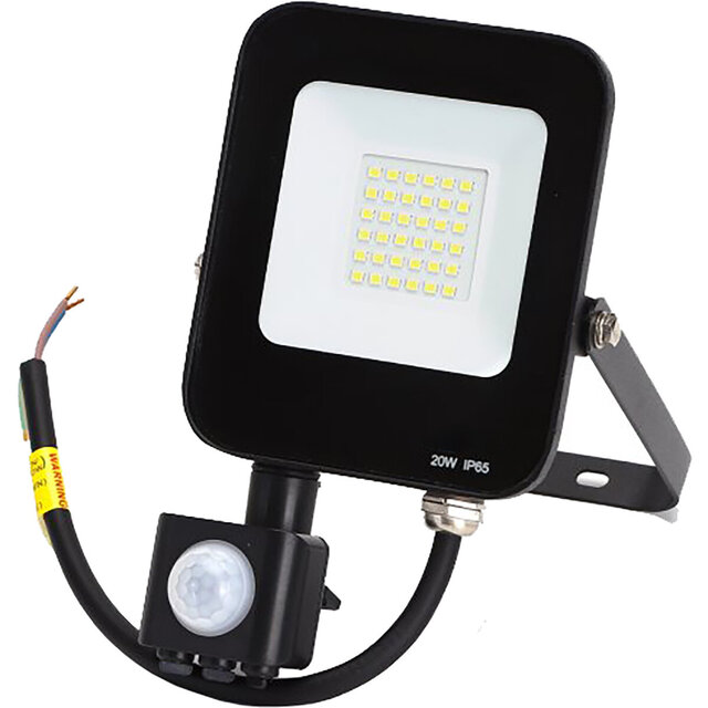 Mat zwarte LED bouwlamp met bewegingssensor, 20W, 1800 lumen, koel wit licht, waterdicht IP65