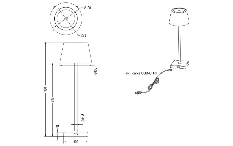 HLW LED LED Table Lamp with Rechargeable Batteries - Trion Sansy - 2.1W - RGBW - Splashproof IP44 - Dimmable - Square - White