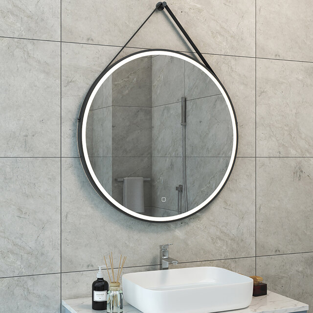 Ronde dimbare LED spiegel 80cm met mat zwarte rand en geïntegreerde verwarming