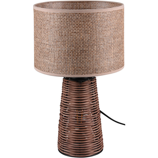 Ronde matbruine LED tafellamp met houten voet en E27 fitting tot 40W