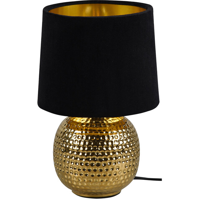 Ronde LED tafellamp van keramiek met mat zwarte en gouden accenten en E14 fitting tot 40W Ronde LED tafellamp van keramiek met mat zwarte en gouden accenten en E14 fitting tot 40W