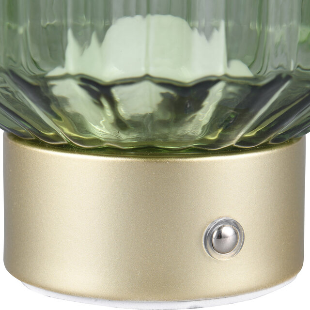 Mat messing LED tafellamp met groen glazen kap, 1.5W warm wit licht 3000K, oplaadbare batterij