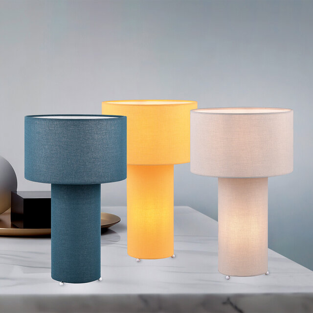 Ronde grijze tafellamp met textielen kap en E27 fitting geschikt voor LED tot 10W 2x