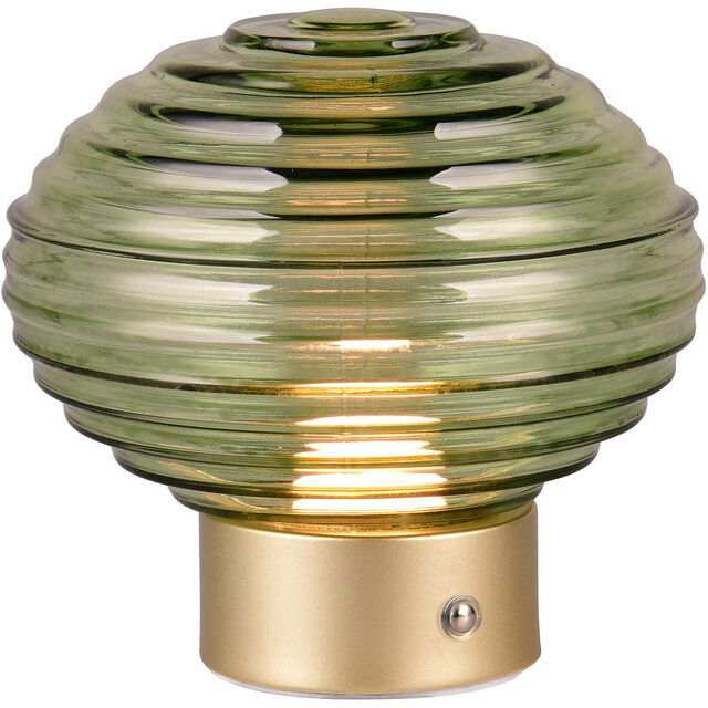 Ovale groene LED tafellamp met mat messing metalen voet en warm wit licht 3000K 1.5W oplaadbaar