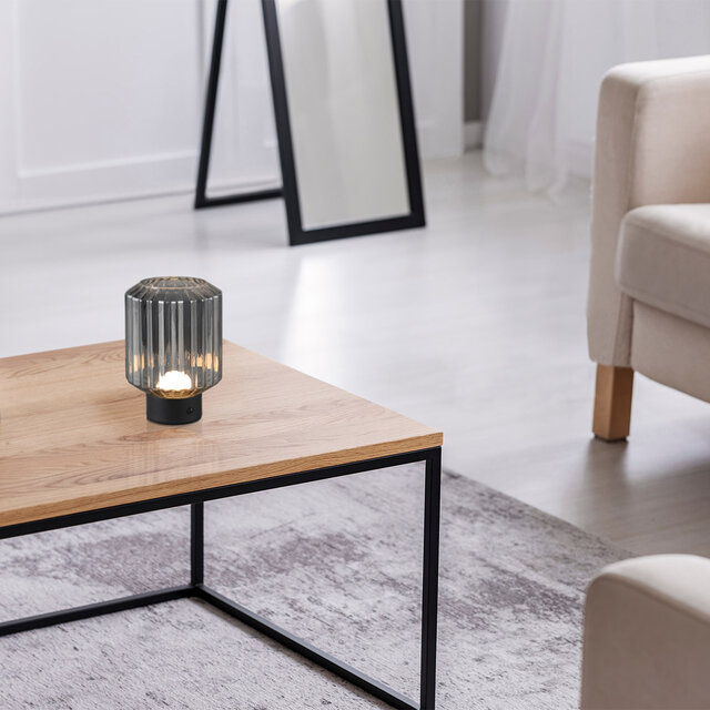 HLW LED LED Table Lamp - Trion Rali - 1.5W - Warm White 3000K - Rechargeable batteries - Oval - Matte Black - Metal - Smoke Color - Glass