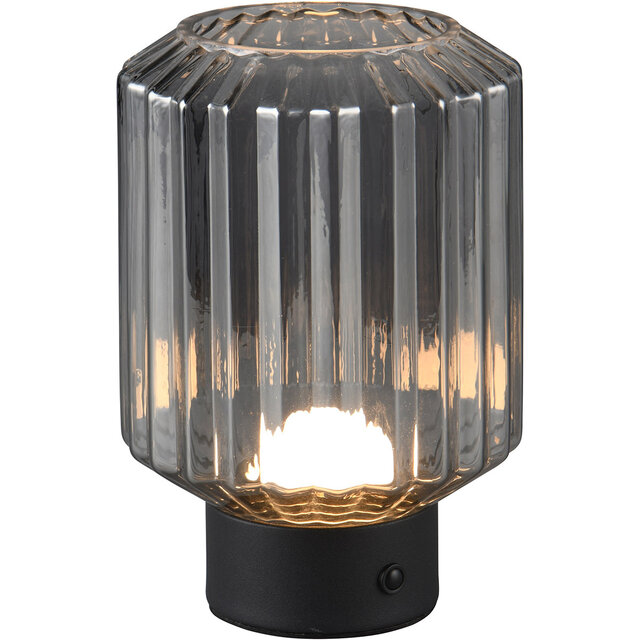 HLW LED LED Tafellamp - Trion Doli - 1.5W - Warm Wit 3000K - Oplaadbare batterijen - Mat Zwart - Metaal - Rookkleur Glas