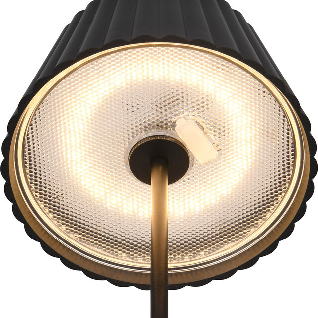 Mat zwarte metalen LED tafellamp met 1.5W vermogen en warm wit licht van 3000K, oplaadbaar en compact design