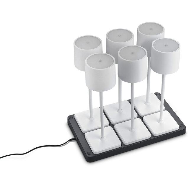 Mat witte LED tafellamp met 6 lichtpunten en aanpasbare kleur, oplaadbaar en energiezuinig