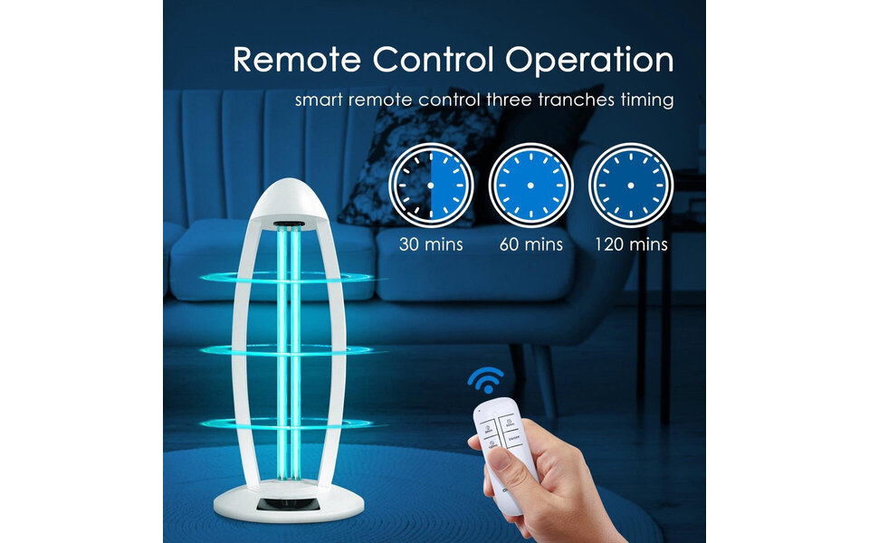 HLW LED UV-C LED Tafellamp 38W met Timer en Afstandsbediening - Witte  360º Desinfectie