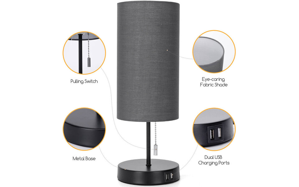 HLW LED LED Table Lamp with USB Charging Function - Matte Black Aluminum - Round - E27 Socket