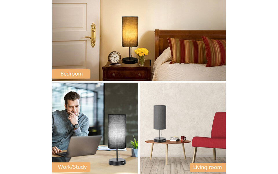 HLW LED LED Tafellamp met USB Oplaadfunctie - Mat Zwart Aluminium - Rond - E27 Fitting