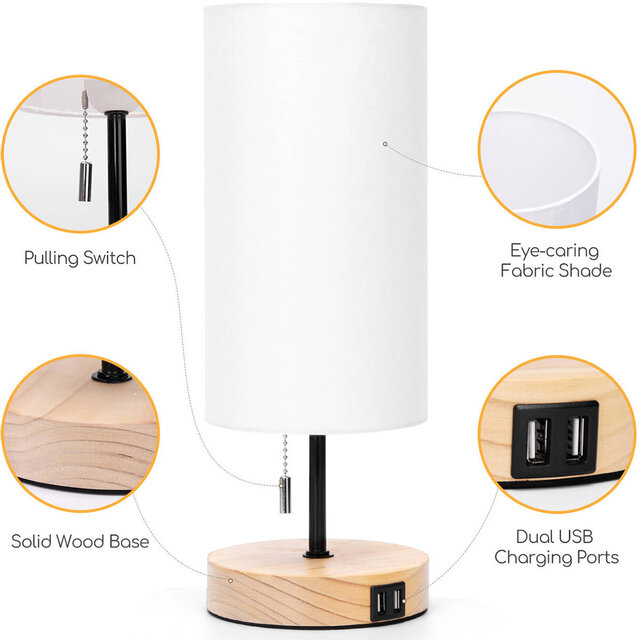 Ronde bruine LED tafellamp met houten voet en E27 fitting, tot 40W, USB oplaadbaar Ronde bruine LED tafellamp met houten voet en E27 fitting, tot 40W, USB oplaadbaar