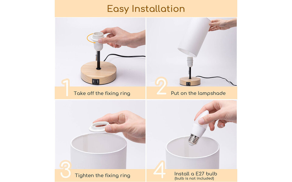 HLW LED LED Tafellamp Aigi Marcia met USB Oplaadfunctie - Rond Houten Design, E27 Fitting