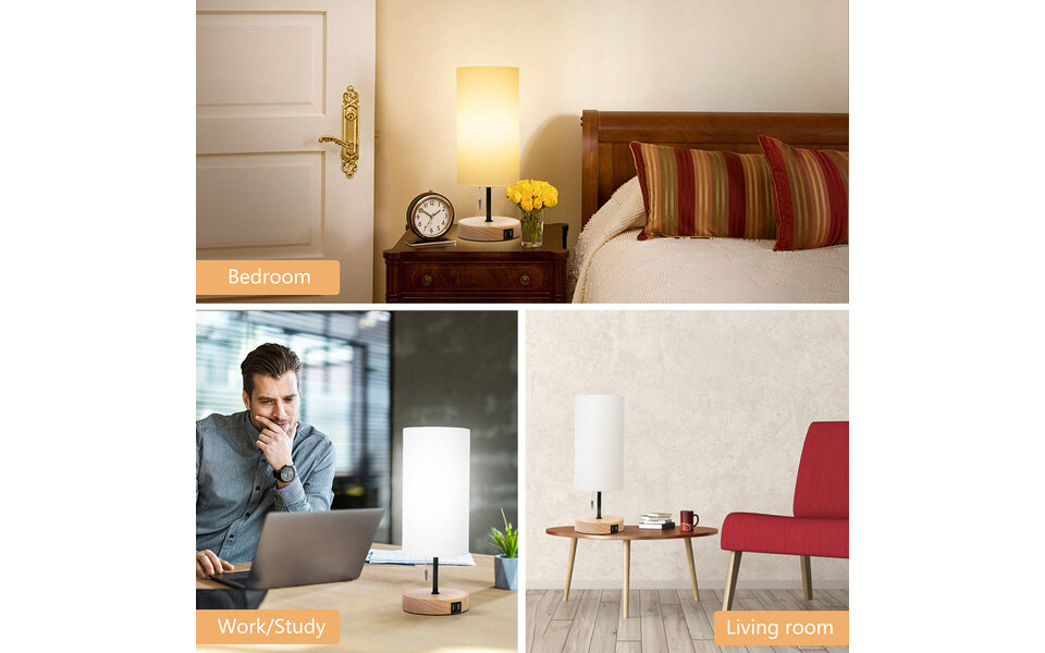 HLW LED LED Tafellamp Aigi Marcia met USB Oplaadfunctie - Rond Houten Design, E27 Fitting