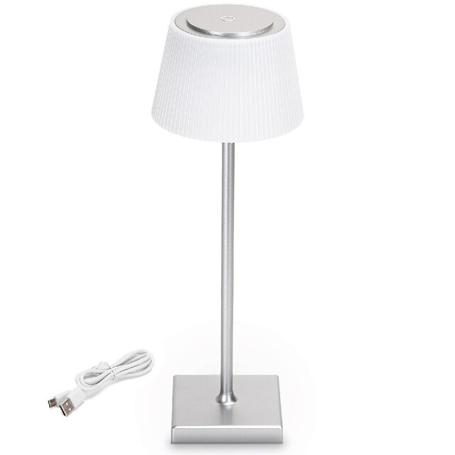 Dimbare zilveren LED tafellamp met touch bediening en USB opladen zonder fitting
