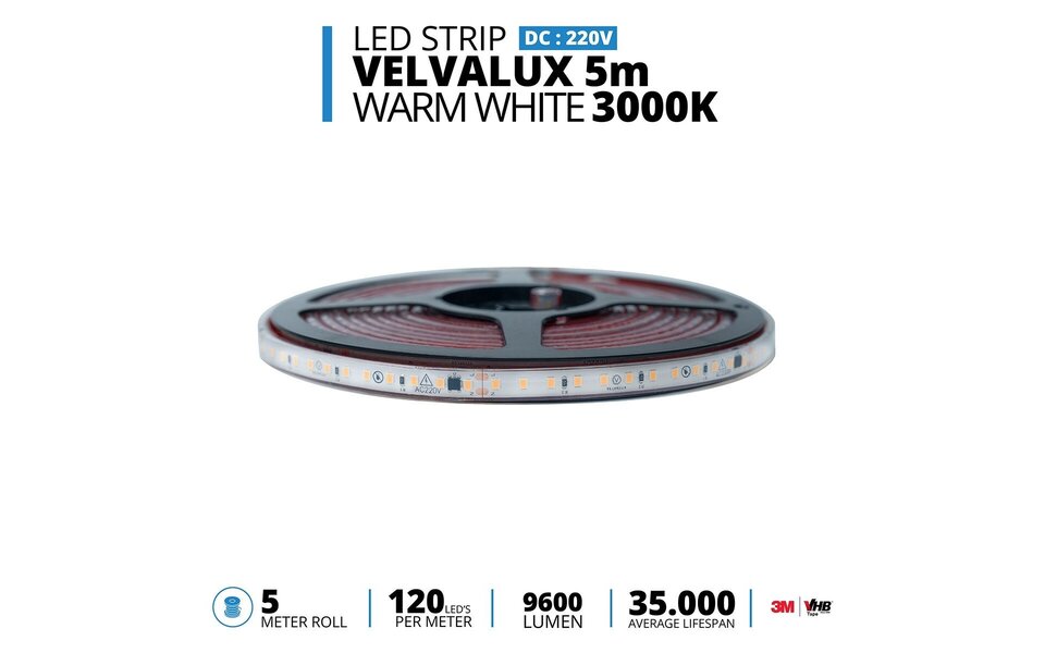 Velvalux Dimmable LED Strip 5 Meters - Warm White 3000K - Waterproof IP67