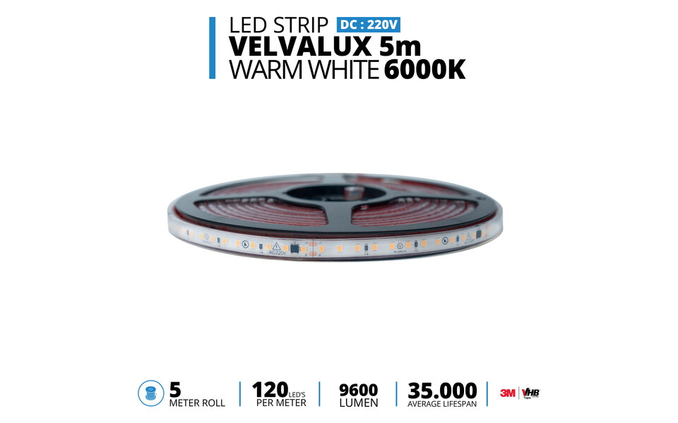 Velvalux Dimmable LED Strip 5m - Bright Cool White 6000K, Waterproof