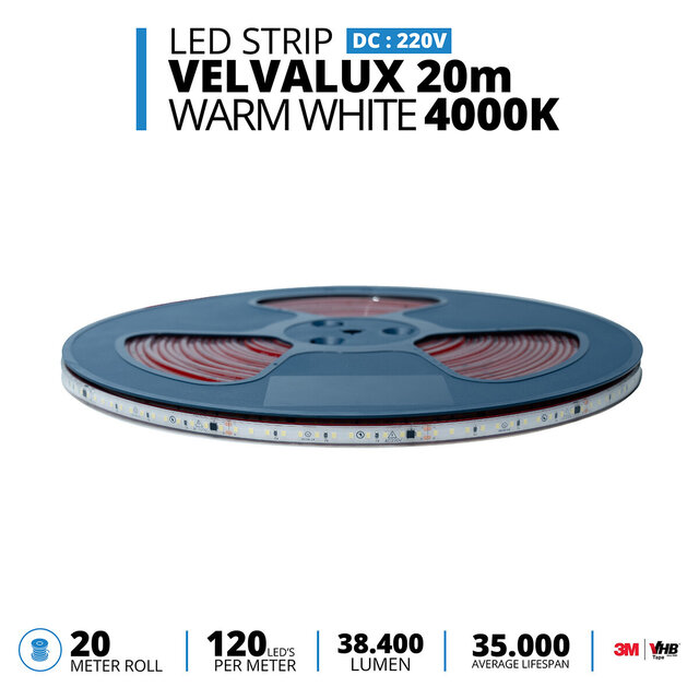 Velvalux Dimmable LED Strip 20m - Natural White 4000K - Waterproof IP67