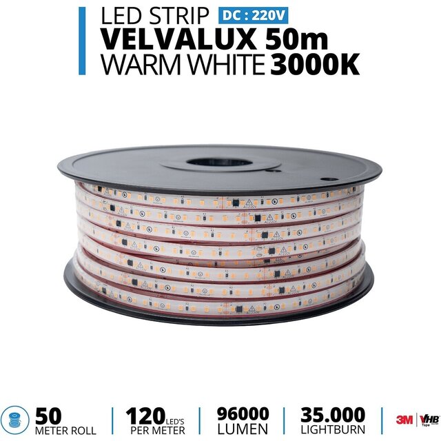 Velvalux Dimmable LED Strip 50 Meters Warm White 3000K Waterproof IP67